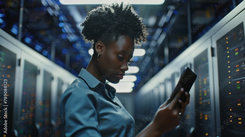 Aufkleber a female internet engineer at data center is actively engaged in setting, maintaining cloud storage 