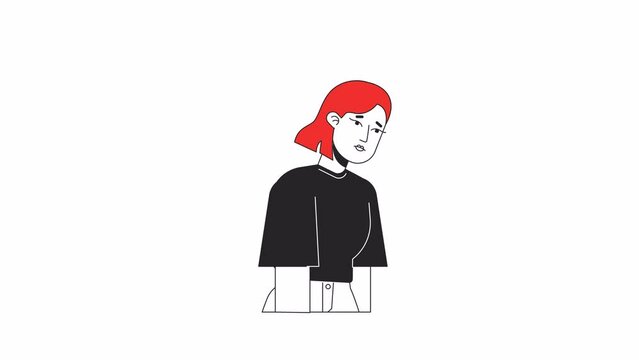 Woman sighing and lowering her head line 2D character animation. Pensive mood flat color cartoon 4K video, alpha channel. Tired female with depression animated person on white background