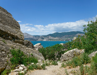 View towards Sudak from bottom of Alchak cape, Crimea, Russia.
