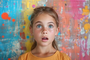 A surprised young girl in front of a vibrantly painted wall