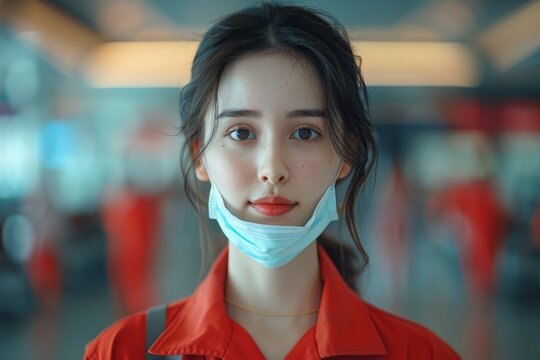 A somber young woman in a red uniform with her face mask pulled down, at an airport