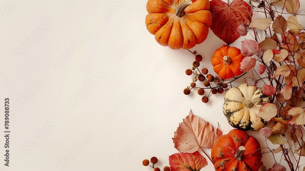 Aufkleber creative top view flat lay autumn composition frame made of pumpkins dried flowers leaves color pape