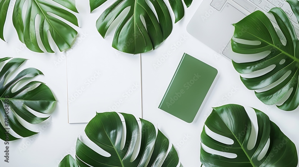 Poster home office workspace mockup with laptop clipboard palm leaf notebook and accessories flat lay top v