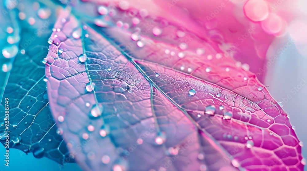 Poster Transparent skeleton leaf with beautiful texture on a blue and pink background glass with shiny water drops closeup macro Bright expressive artistic image nature free space : Generative AI