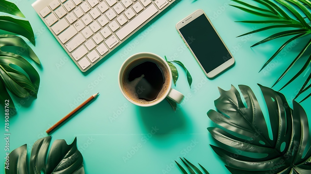 Poster Creative flat lay photo of workspace desk with smartphone keyboard coffee pencil leaves with copy space background : Generative AI