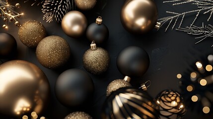 Chic Christmas flat lay composition with elegant black and gold elements Luxury festive decor on a dark background Modern design for holiday cards invitations and posters Stylish abstr : Generative AI