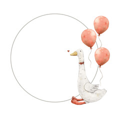 Watercolor round frame with a plush goose and a bow, a red balloon and a heart. Illustration hand drawn on isolated background for cards, interior, stickers, textiles, design, invitations. © ValentinaSova