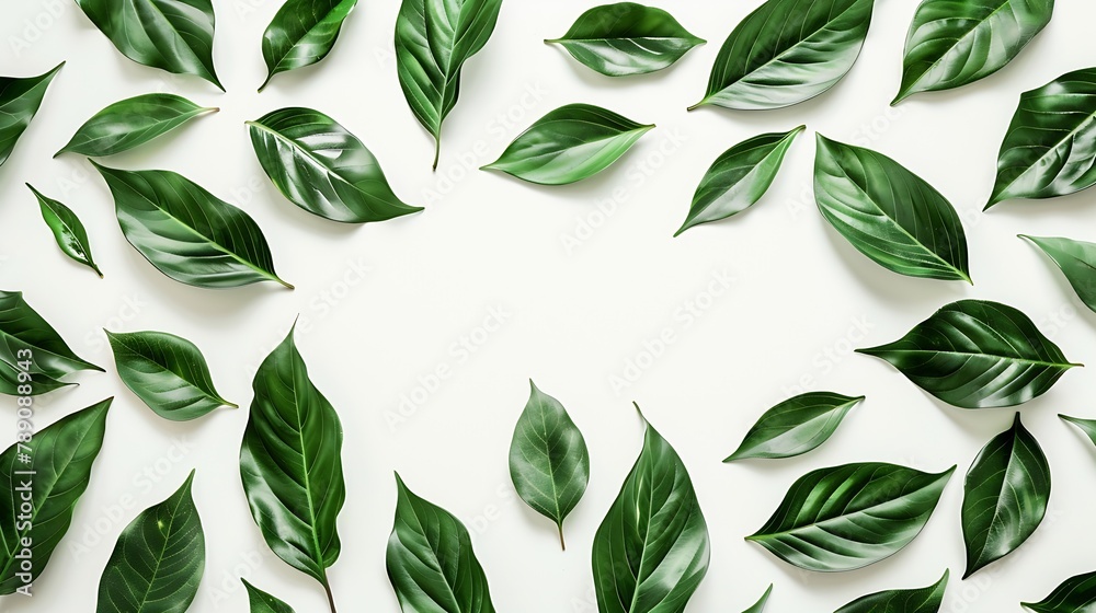 Poster Leaf pattern Frame made of green leaves on white background Flat lay top view copy space : Generative AI