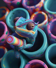 Chameleon curiosity, colors in harmony. Vibrant chameleon among colorful abstract tubes. Colorful chameleon emerges from a patterned, psychedelic background of tubes. 