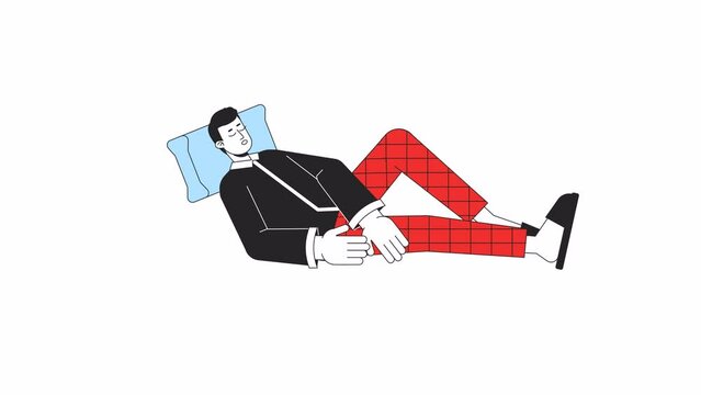 Man sleeping peacefully line 2D character animation. Healthy night sleep routine flat color cartoon 4K video, alpha channel. Young male napping on pillow animated person on white background