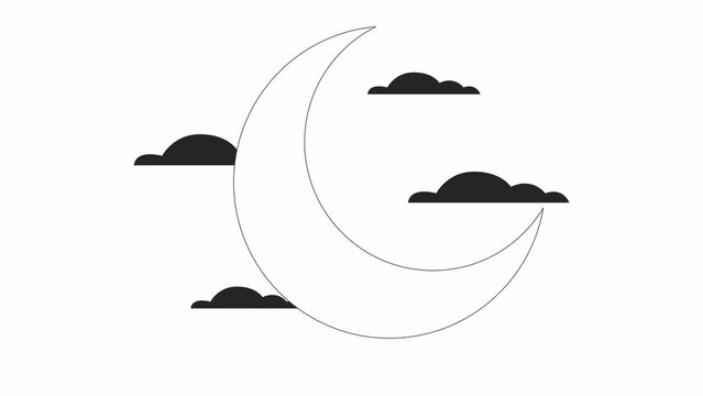 Young moon and clouds in sky bw outline 2D objects animation. Night sky tranquil beauty monochrome linear cartoon 4K video. Cloudscape with crescent animated items isolated on white background