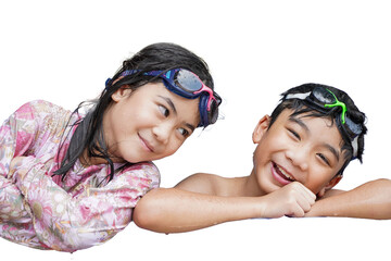 Girl and Asian boy in swimming pool and having fun playing in water, white background