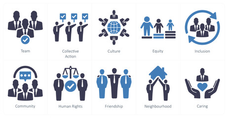 A set of 10 community icons as team, collective action, culture