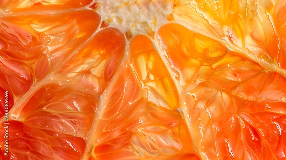 Poster Close up of sliced ripe grapefruit macro Red fresh grapefruit surface background or texture Top view : Generative AI