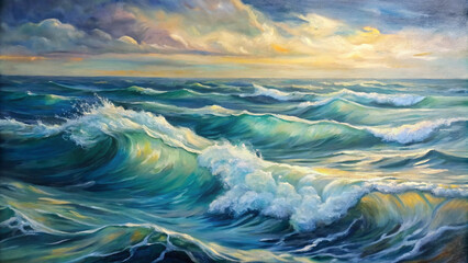 Oil painting of a wavy sea with dramatic clouds