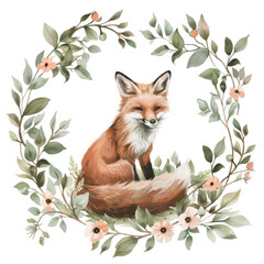 A serene fox sleeps peacefully in a floral wreath, a heartwarming illustration suited for children's literature or as a tranquil art piece.