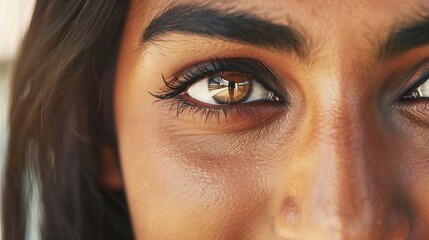 Crop close up of eyes of smiling young Indian woman look at camera feel optimistic satisfied Closeup of happy millennial mixed race ethnicity female Diversity ethnic wide view concept : Generative AI