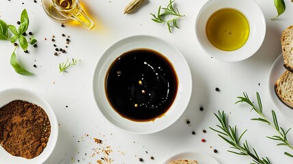 Bowl of balsamic vinegar with oil bread and spices on white table flat lay : Generative AI - Powered by Adobe