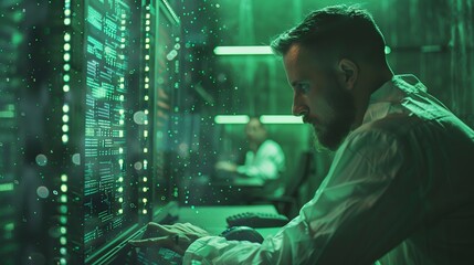 Dedicated IT specialist engages in advanced programming on green mock-up screen in modern data center control room surrounded by professional coding team