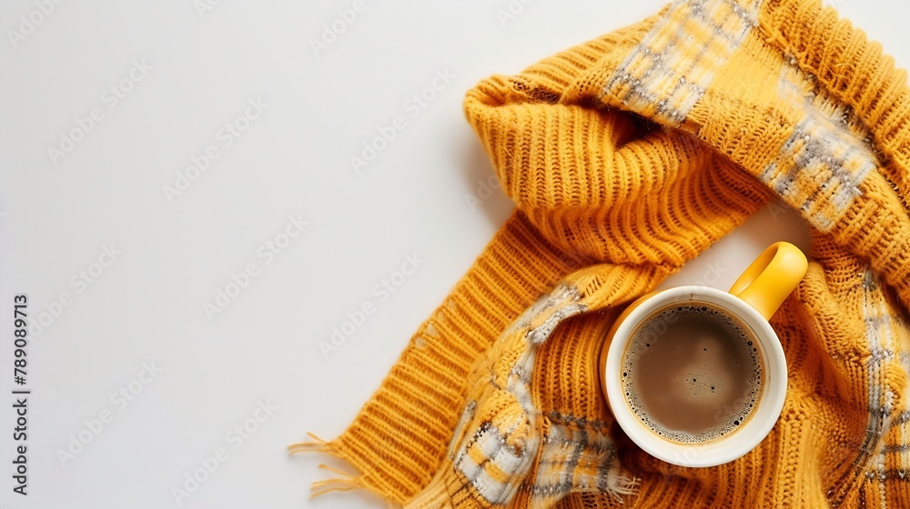 Poster autumn composition cup of coffee yellow sweater plaid on white background autumn fall concept flat l