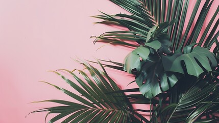 Tropical leaves on pastel pink background minimal concept Flat lay : Generative AI
