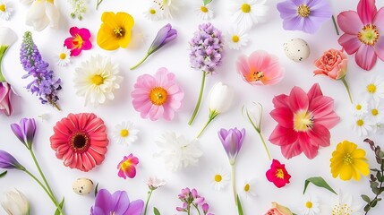 Flowers composition oh white background with spring flowers Easter concept with copy spase Flat lay top view : Generative AI