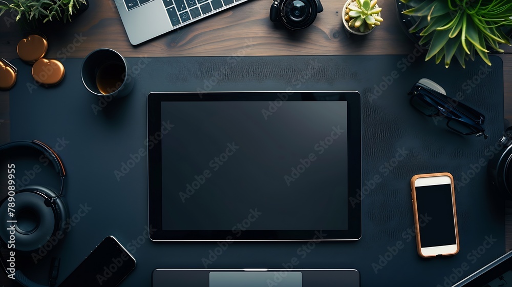Poster Tablet and smartphone with blank screen on desk Top view flat lay with copy space : Generative AI