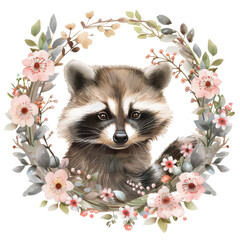 A tender illustration of a raccoon peering through a wreath of delicate flowers and foliage, ideal for greeting cards, nature-themed decor, or children’s educational books.