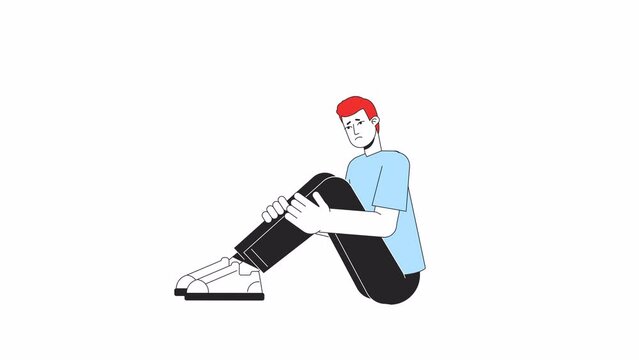 Upset man hugging knees line 2D character animation. Panic attack problem flat color cartoon 4K video, alpha channel. Young male with mental health issues animated person on white background