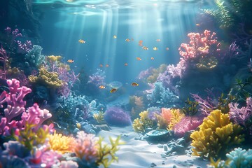: A tranquil underwater scene with colorful coral reefs, exotic fish, and a peaceful sunbeam filtering down from above