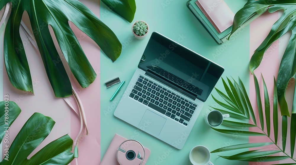 Poster home office workspace mockup with laptop clipboard palm leaf notebook and accessories flat lay top v
