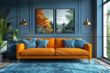 This contemporary living room features a vibrant orange sofa, contrasting against the deep blue wall and surrounded by elegant decor