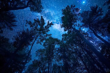 : A tranquil forest scene at night, with tall trees reaching up to the star-studded sky. The gentle...