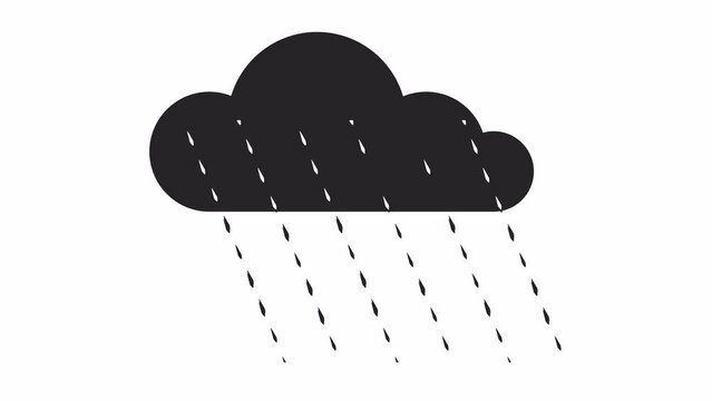 Cloud with falling raindrop bw outline 2D object animation. Stormy weather with rainfall monochrome linear cartoon 4K video. Rain from cloudy sky animated item isolated on white background