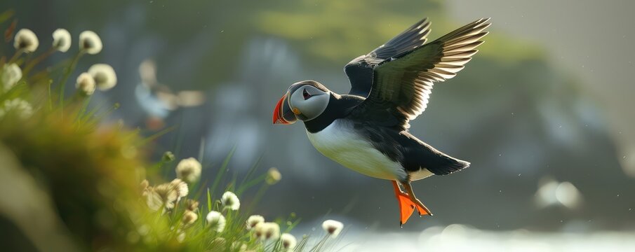 A close up of the beautiful Atlantic puffin fratelcula bird in the wild nature.