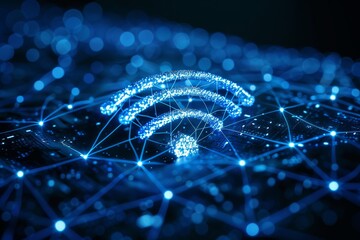 A striking blue wi-fi symbol illuminated on a dark, digital network pattern background - obrazy, fototapety, plakaty