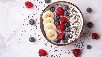 Acai coconut bowl concept Detox and healthy breakfast bowl Coconut milk chia seed pudding bowl with...