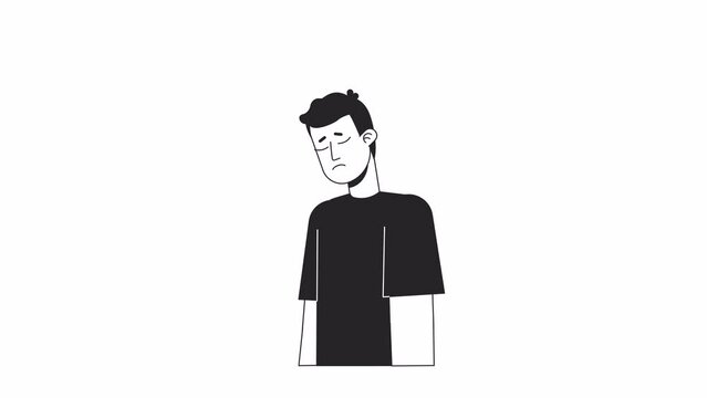 Pensive male sighing heavily bw outline 2D character animation. Dealing with bad thoughts monochrome linear cartoon 4K video. Man with depression animated person isolated on white background