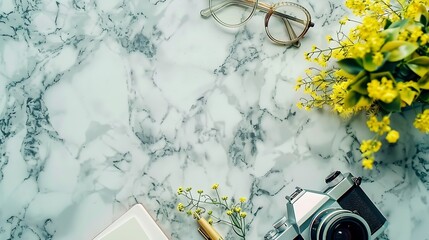 Flat lay of white marble table with stationery glasses yellow flowers and photo camera Top view...
