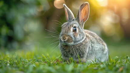 rabbit sits on a green meadow on a farm.