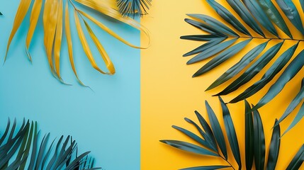 Creative layout made of colorful tropical leaves on yellow and blue background Minimal summer exotic concept with copy space Border arrangement : Generative AI