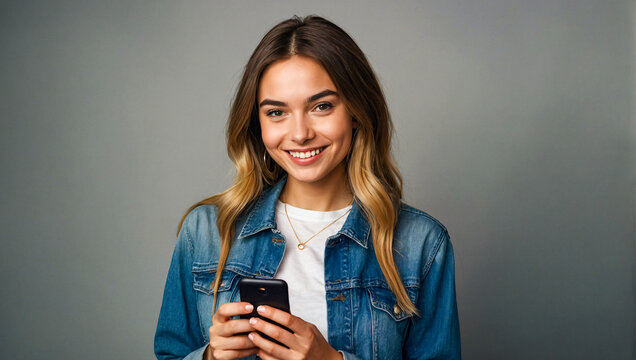 Trendy and cool young woman smiling and holding a smartphone on a clean background