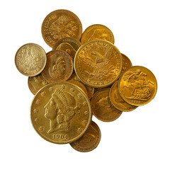Prawdziwe złote monety, 10 dolarów amerykańskich, suweren brytyjski, 5 i 10 rubli Mikołaj II Romanow. Złote monety 1897-1911. Przezroczyste tło.