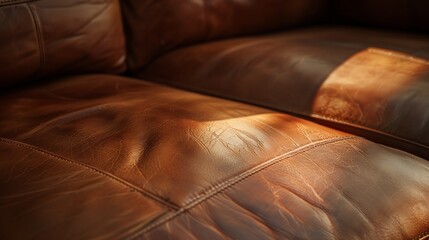Close up photo of a brown leather luxury couch in low light : Generative AI