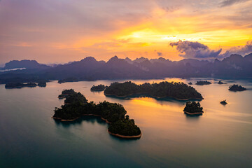 Aerial view of Khao Sok national park at sunrise, in Cheow lan lake, Surat Thani, Thailand