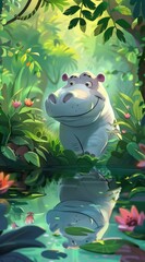 hippo is in the water, surrounded by trees and flowers