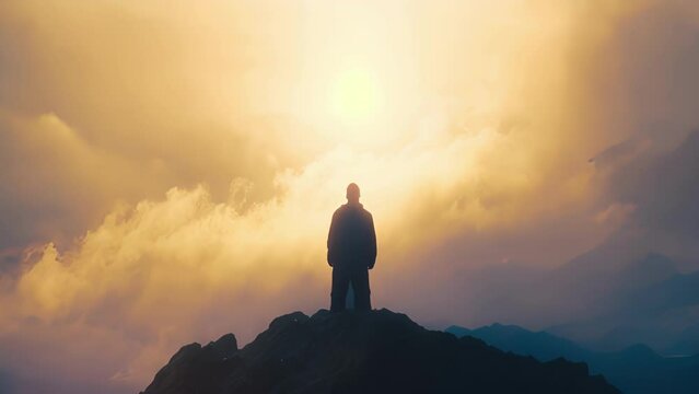 A man with his back to the camera stands at the peak of a mountain the sun peeking through the clouds behind him giving off a sense . .