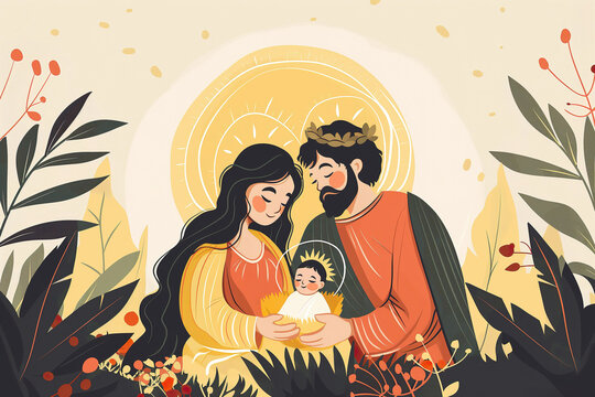 A painting depicting a man and woman tenderly holding a baby in a Christmas nativity scene.