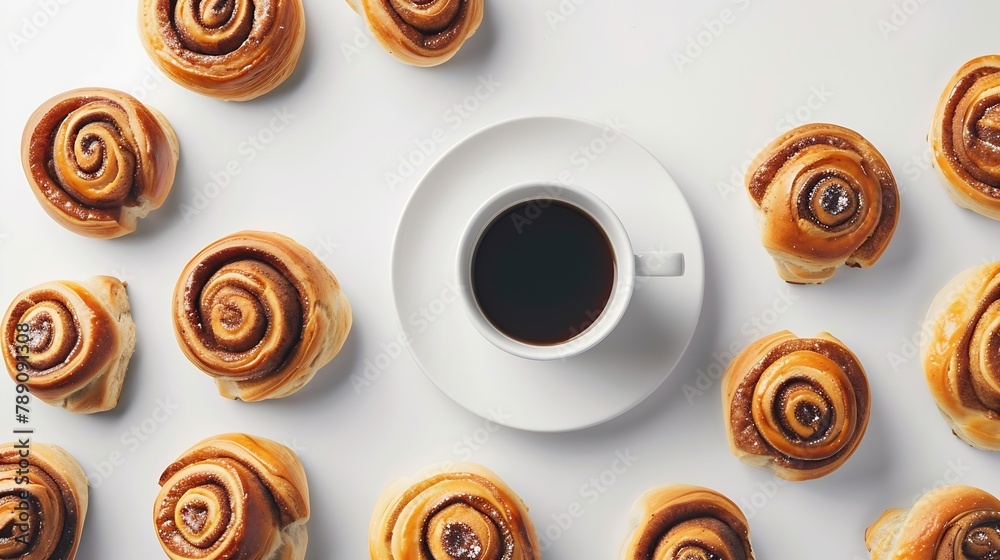 Poster creative layout made of cinnamon buns and cup of coffee on the white background flat lay food concep