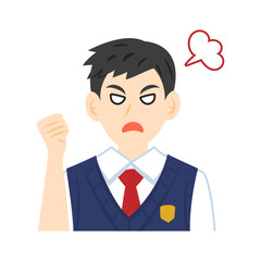 ベストを着た怒る高校生の顔。フラットなベクターイラスト。 Face of an angry  high school student wearing a vest. Flat vector illustration.
